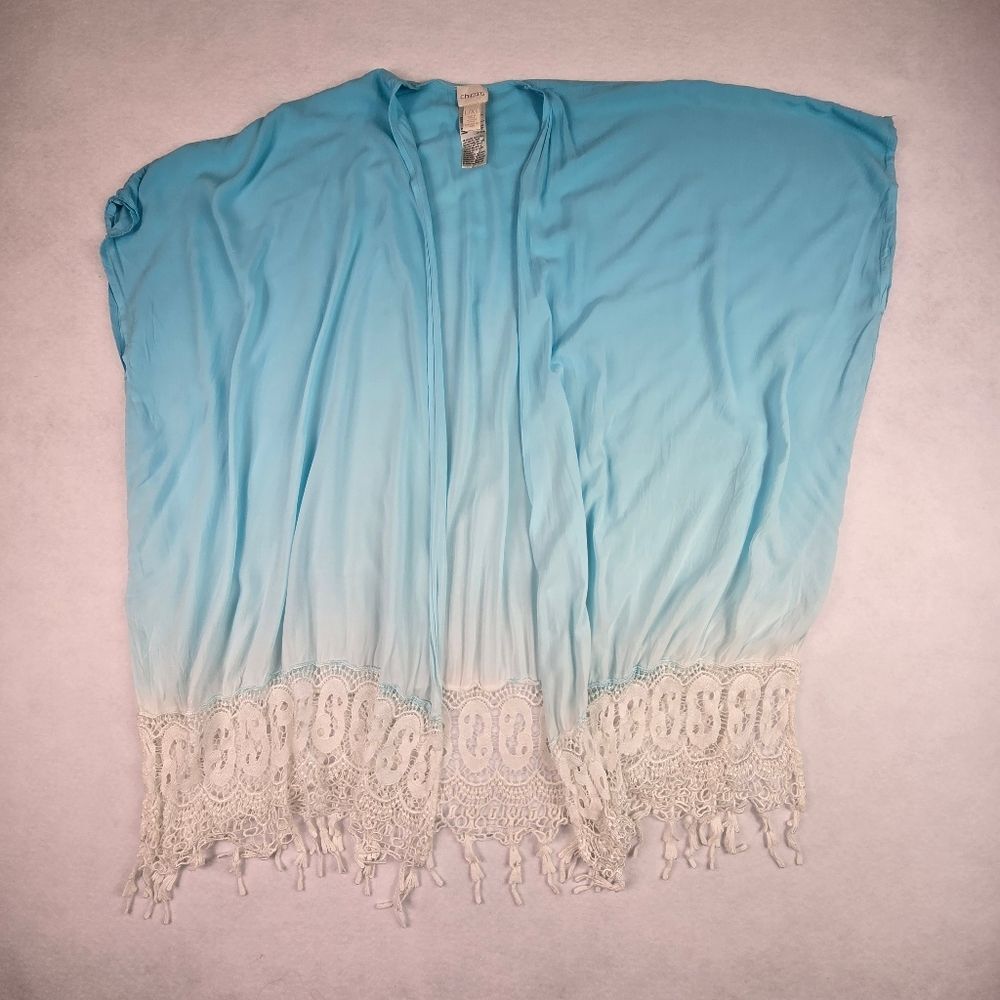 Chicos Blue Ombre Lace Trim Kimono Cardigan - Picture 3 of 9